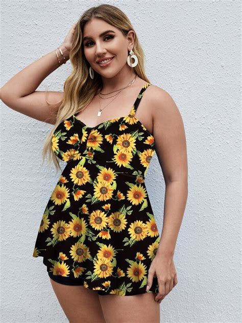 Shein Swim Classy Plus Sunflower Print Separate Set Ruched Bust Swim