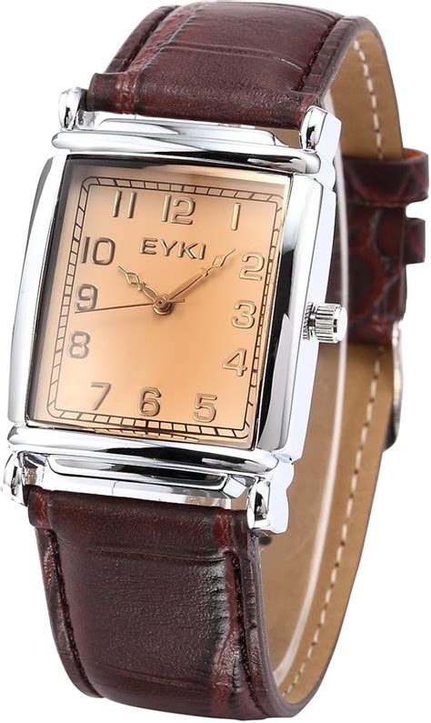 Eyki Classic Rectangle Dial Brown Leather Band Mens Couple Dress Wrist