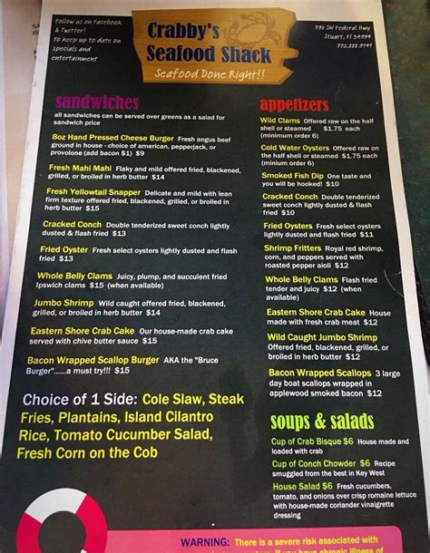 Menu At Crabby S Seafood Shack Steakhouse Stuart