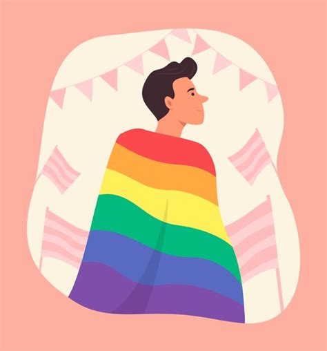 Hombre gay envuelto en la bandera del arco iris para la ilustración del concepto de celebración