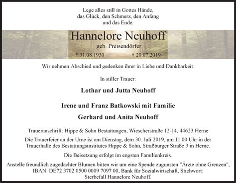 Traueranzeigen Von Hannelore Neuhoff Trauer In Nrw De