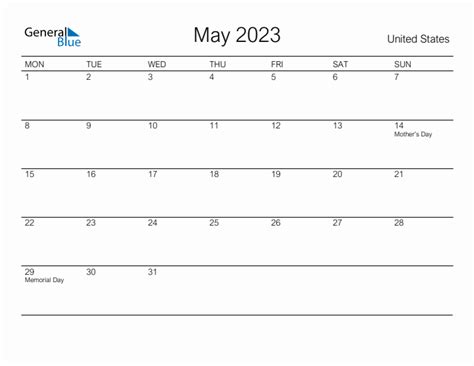 Printable May Monthly Calendar With Holidays For United States