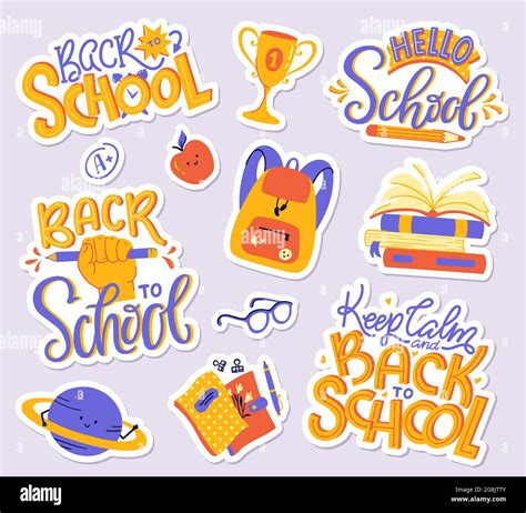 School sticker pack - books, copybooks, backpack, planet, apple ...