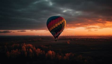 Hot Air Balloon Adventure Flying High In Vibrant Nature Landscape Generated By AI Stock