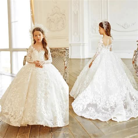 Luxuoso Marfim Manga Longa Vestidos Da Menina Flor Para O Casamento