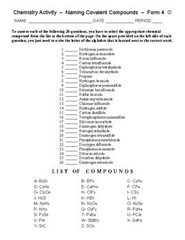 Naming Covalent Compounds High School Chemistry Matching Worksheet