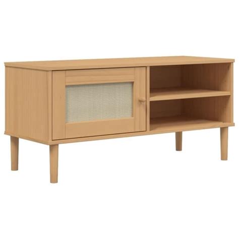 DIOCHE Meuble TV SENJA Aspect Rotin Marron 106x40x49cm Bois Massif Pin