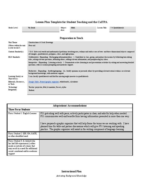 Quadrilaterals 7th Grade Student Teaching Lesson Plan Pdf Shape