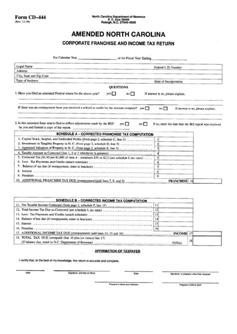 Fillable Form Cd Amended North Carolina Corporate Franchise And