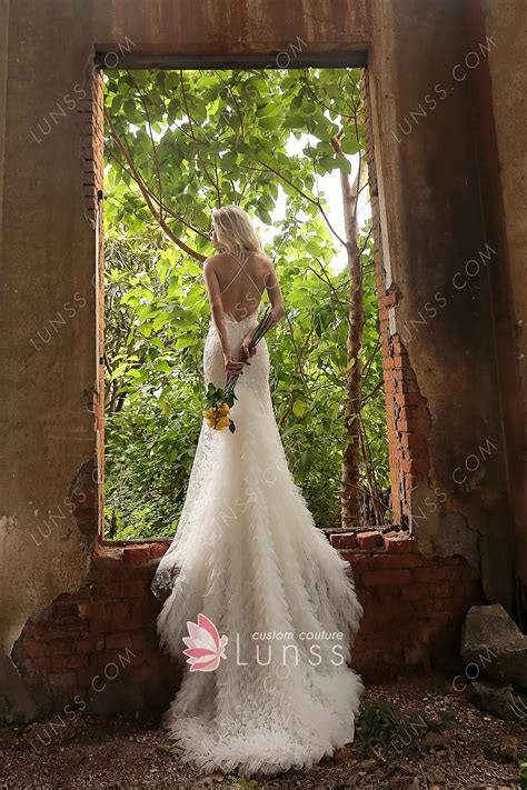 Flower Lace And Ruffled Tulle Low Back Fall Bridal Dress Lunss