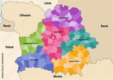 Belarus Regions Colored By Administrative Districts Vector Map With