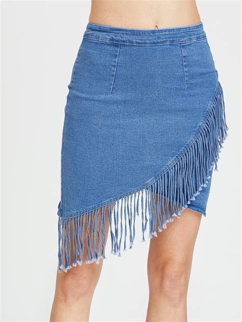 Fringe Trim Denim Skirt SheIn Sheinside