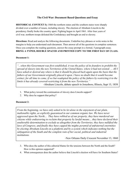 The Civil War Document Based Questions And Essay Docslib