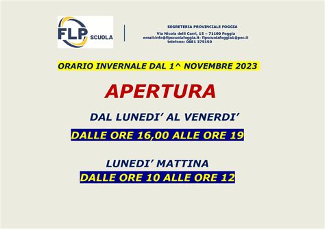 Orario Di Apertura Della Sede Provinciale Flp Scuola Foggia Dal