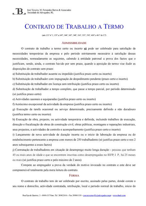 Exemplo De Contrato De Trabalho A Termo Certo Novo Exemplo