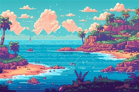 A Pixel Art Landscape Of A Colorful Beach Digital Art Illustration