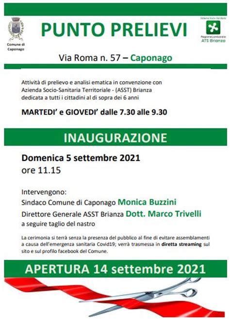 PUNTO PRELIEVI Via Roma N 57 Caponago Inaugurazione Comune Di