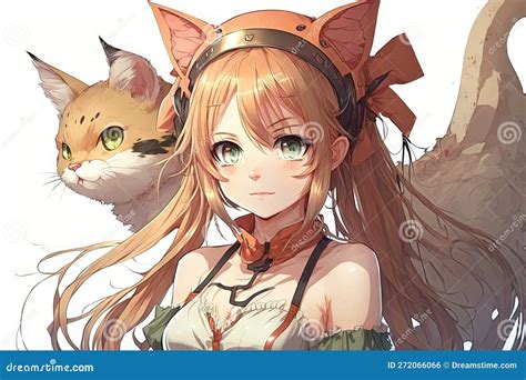 Cute Anime Girl With Cat Ears And Tail Manga Style Character Illustration Generative Ai Stock