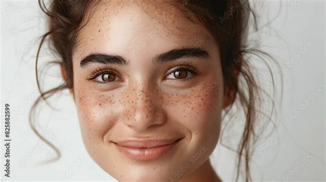 Vertical Photo Of A Joyful Young Hispanic Woman With Freckles Isolated On White Background