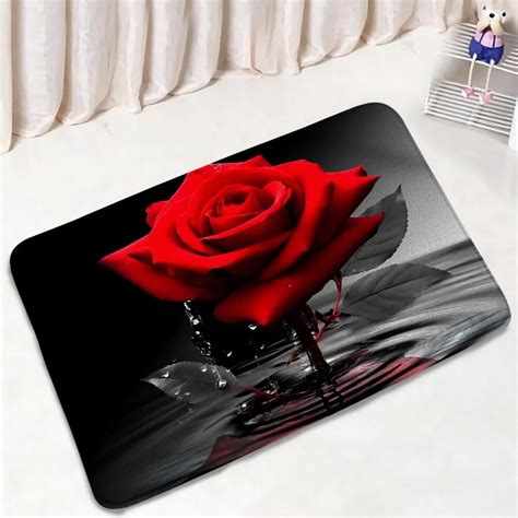 Red Rose Flowers Bath Mat Set Heart Shaped Floral Valentine S Day Woman