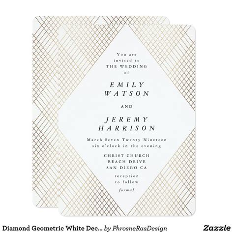 Diamond Geometric White Deco Gold Gatsby Wedding Invitation Zazzle