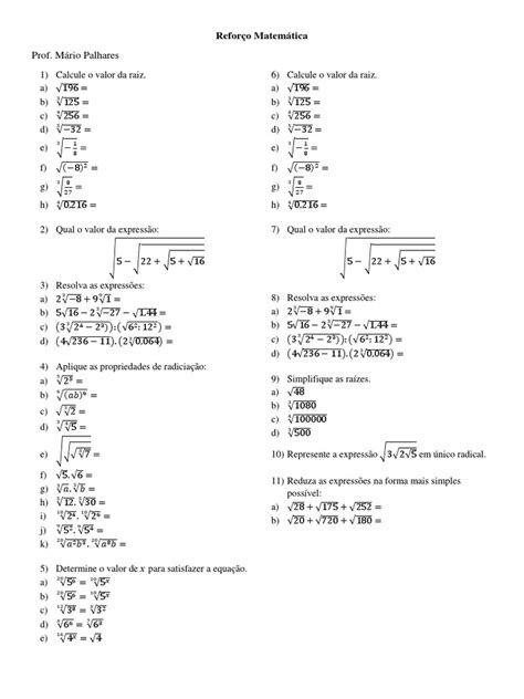 Exercícios Propriedades Radiciação Pdf Ensino De Matemática