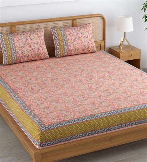 Buy Beige Floral 220 Tc Cotton King Sized Bed Sheets With 2 Pillow