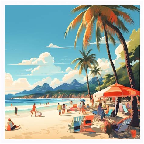 Premium Ai Image A Painting Of A Beach Scene With A Palm Tree And A