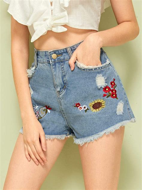 Floral Embroidery Ripped Raw Hem Denim Shorts Denim Shorts Clothes