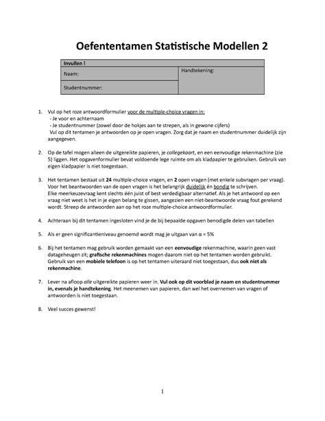 Oefententamen Met Antwoorden Oefententamen Statistische Modellen 2