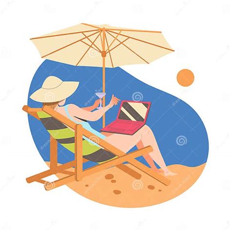 Woman Lounging On Deck Chair With Laptop And Cocktail Under Umbrella On