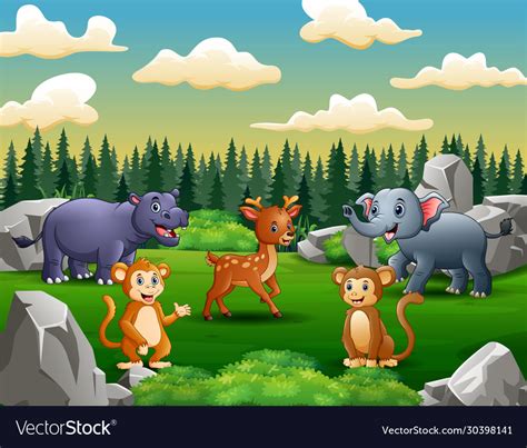 Happy Wild Animals Living In Green Field Vector Image