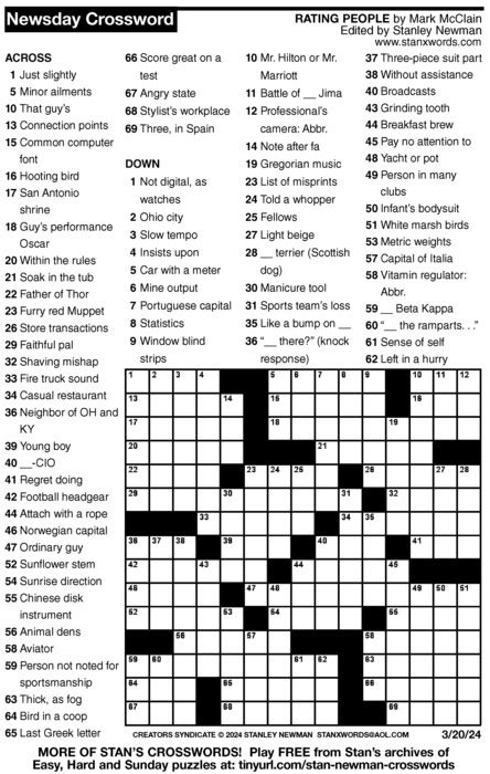 Newsday Crossword Puzzle For Mar By Stanley Newman Creators