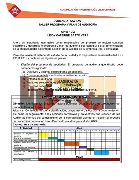 Formato Evidencia Aa Ev Taller Programa Y Plan De Auditoria