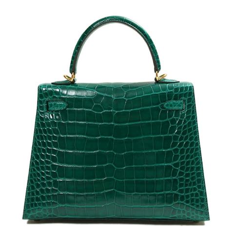 Hermes New Kelly 25 Green Crocodile Leather Gold Top Handle Tote