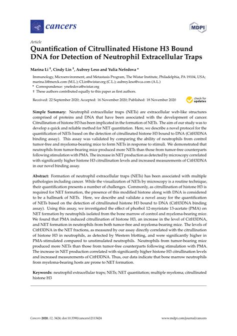 PDF Quantification Of Citrullinated Histone H3 Bound DNA For