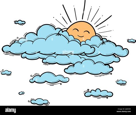 Sun and Cloud kids drawing for nursery in cartoon outline style. Blue ...