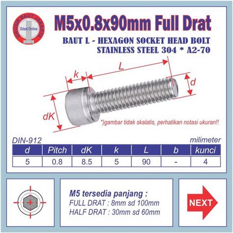 Jual Baut L SS304 M5 X90mm Full Drat Kunci L 4mm Stainless SUS