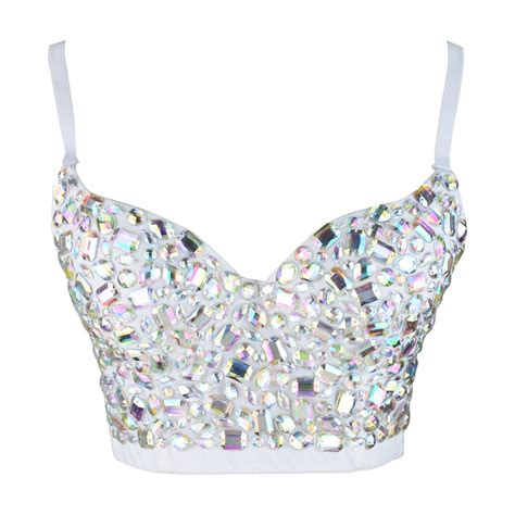 Womens Gemstone Bustier Crop Top Sexy Punk Rhinestone Corset Top Bra