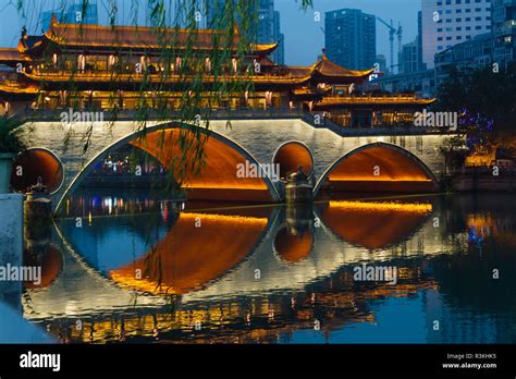 Night View Of Anshun Bridge With Reflection In Jin River Chengdu