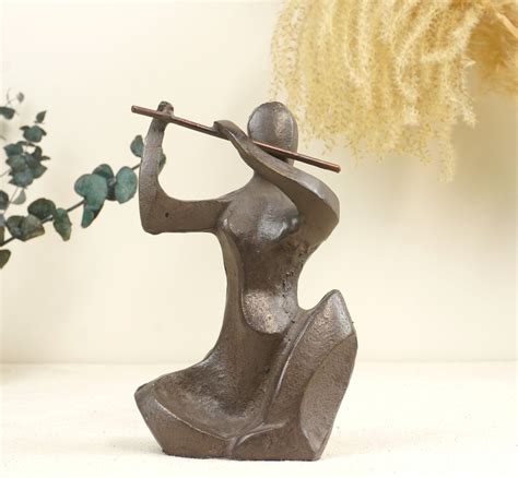 Vintage Modernist Metal Flutist Sculpture Abstract Woman Playing Flute