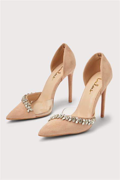 Nude Suede Pumps Satin Rhinestone Pumps D Orsay Heels Lulus