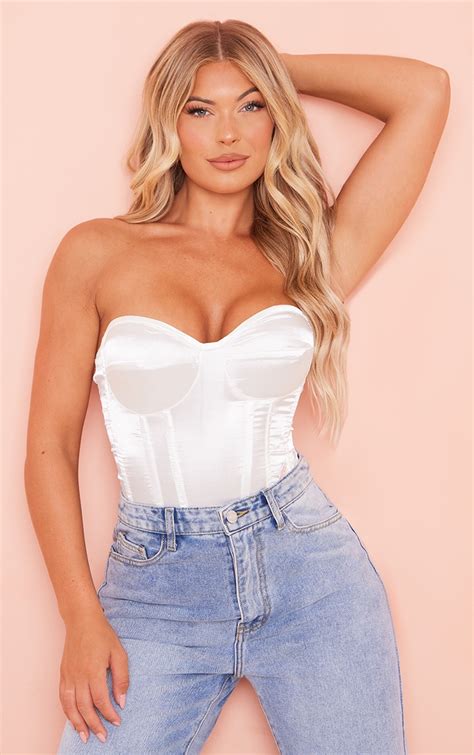 White Satin Corset Bodysuit Tops Prettylittlething