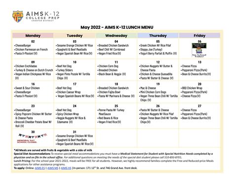 Lunch Menu For May 2022 — Aims K 12