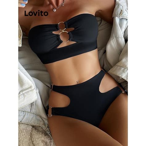 Lovito Sexy Plain Cut Out Buckle Bikini Sets For Women Lnl Lovito