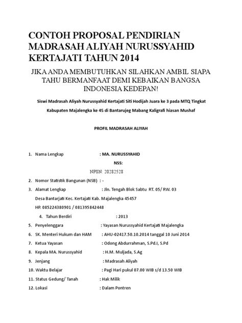 Contoh Proposal Pendirian Madrasah Aliyah Nurussyahid Kertajati Tahun 2014 Pdf