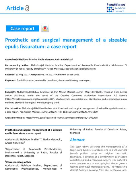 PDF Prosthetic And Surgical Management Of A Sizeable Epulis