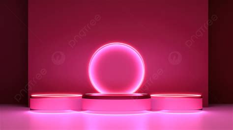 3d Vector Illustration Of Pink Podiums Surrounding Led Light Circular