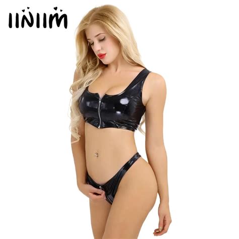 2pcs Women Wet Look Patent Leather Zipper Bikini Lingerie Set Sleeveless Crop Top With Mini