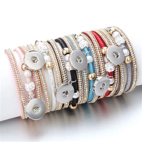 Fashion Snap Button Jewelry Vintage Beaded Leather Snap Bracelet Bangle